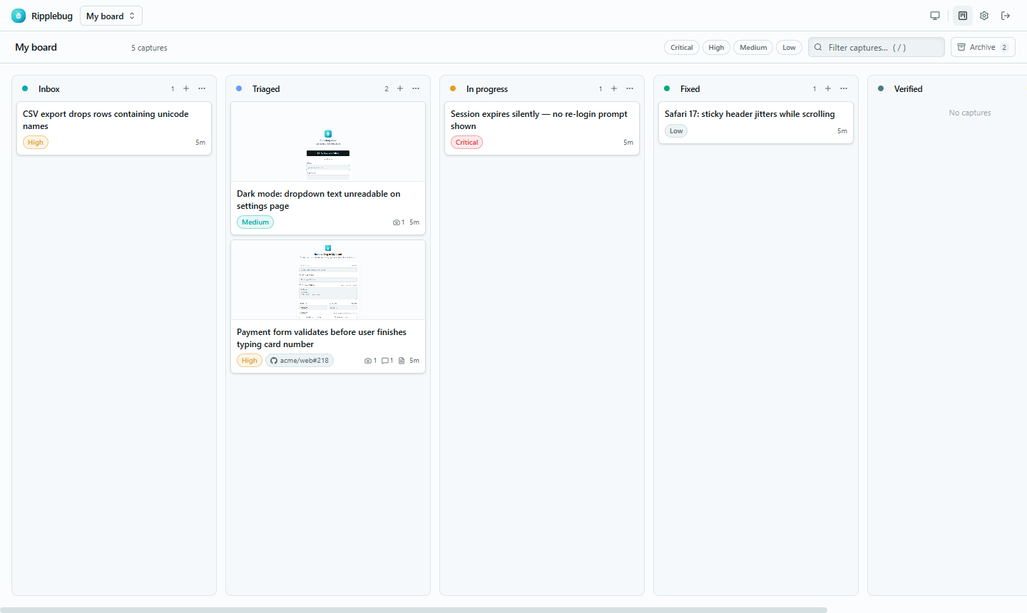 The Ripplebug board — live kanban triage of captured bugs